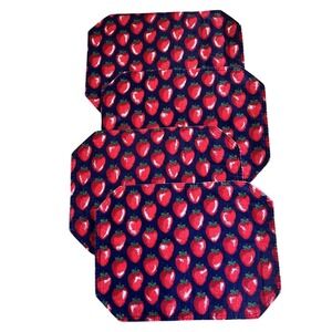 Vintage Strawberry Print Red & Navy Quilted Table Placemats LOT‎ Of 4